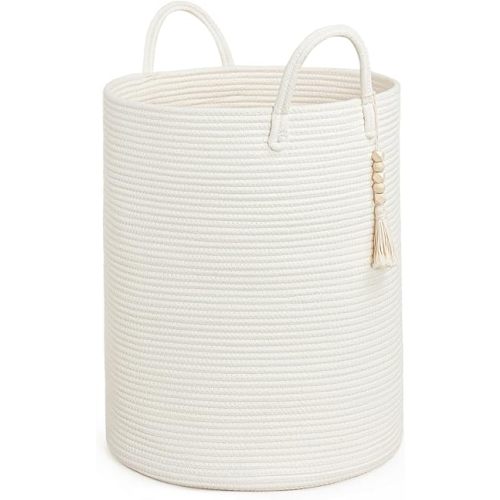 Goodpick Large Laundry Hamper with Handles,Cute Baby Laundry Basket, Tall Laundry Hamper for Clothes, Towels,Woven Rope Toy Storage Basket,Decorative Blanket Basket White, 16 x 20 inches