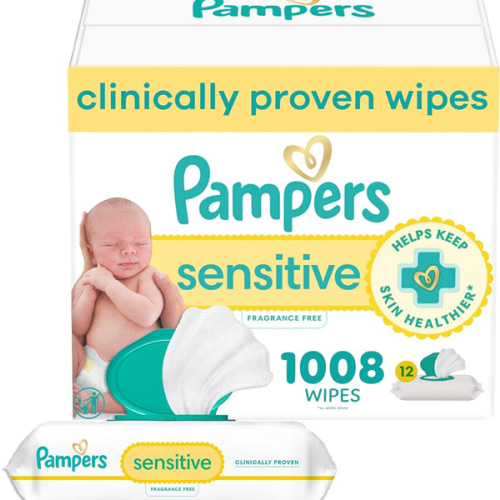 Pampers Baby Wipes, Sensitive, Water Based Wipe, Clinically Proven, Hypoallergenic, and Unscented for Babies, 1008 Wipes Total (12 Flip-Top Packs) [Packaging May Vary]
