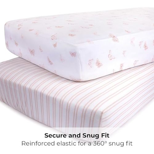 Ely’s & Co. Crib Sheets, Baby Girl Fitted Crib Mattress Sheet Set, 2 Pack, 100% Jersey Knit Cotton, Infant and Toddler Nursery Bedding, Pink Butterfly + Stripes Print, 28” x 52”