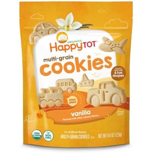 HAPPYTOT Organic Multi-Grain Cookies Toddler Snack, Fun Transportation Shapes, Vanilla, 4.4 Ounce (Pack of 5)