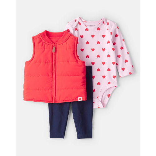 Baby Girl 3-Piece Puffer Vest Outfit Set - Red - Carter's | Carter's