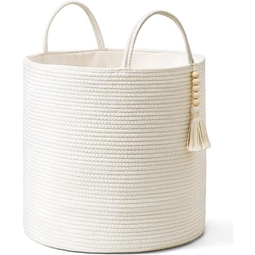 Mkono Tall Laundry Basket Woven Decorative Rope Storage Basket Wooden Bead Decoration for Blankets Toys Clothes Shoes Organizer Bin with Handles Living Room Home Decor, 15" W x 17.7" L, White