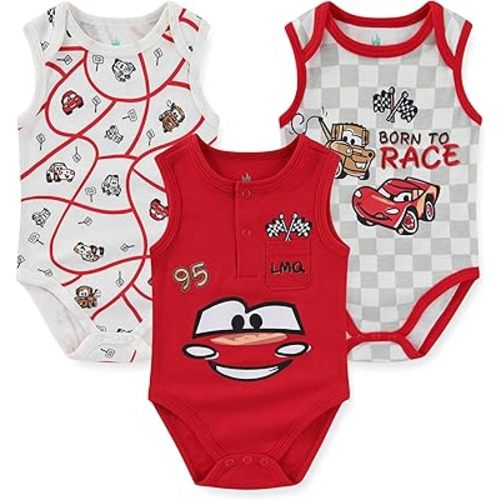 Disney Cars Lightning McQueen Baby Boys 3 Pack Sleeveless Bodysuit for Newborn and Infant