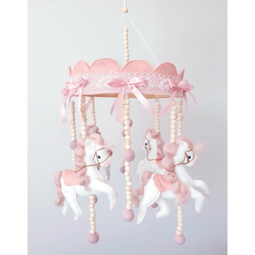 Felt Carousel Baby Mobile – Hand Embroidered Horses, Circus Nursery Decor