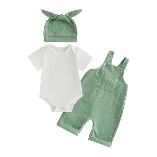 Newborn Baby Boy Clothes Summer Outfit Solid Color Short Sleeve Romper Waffle Suspender Shorts Overall Set 3Pcs