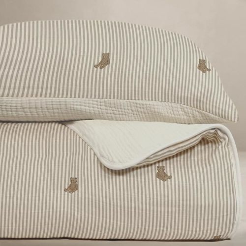 Bear Crib Bedding Set, 5-Layer Organic Cotton Muslin Crib Quilt & Sham, Teddy Bear Nursery, Toddler Comforter 45x60, Reversible, Neutral