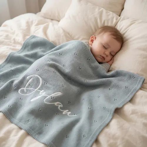 Lightweight Personalized Baby Blanket – Breathable Cotton Knit Infant Blanket, Spring/Summer Newborn Gift