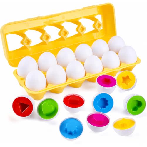 MAGIFIRE Toy Eggs for Toddlers 1-3 - 12 Matching Plastic Eggs, Assorted Colors and Shapes - Fun Gift for Toddlers - Montessori Matching and Sorting Set - STEM Educational Toy