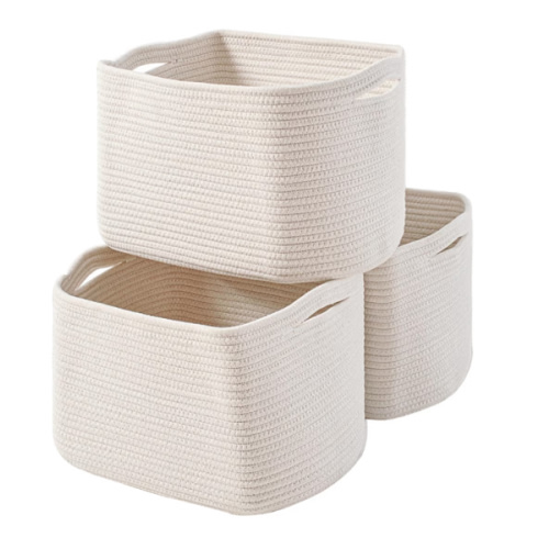 Storage Baskets for Organizing Shelves, Woven Cotton Rope Bins for Baby Nursery Organization, Book Toy Towel Organizer, 15"x11"x9.5", 3 Packs, Off White