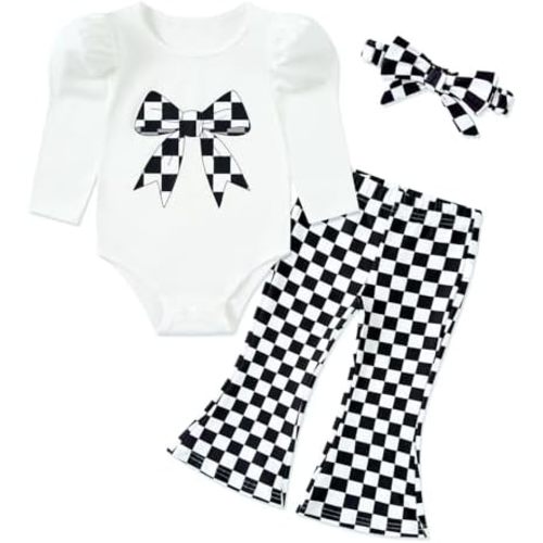 Baby Girl Romper Set and Bell Bottom Pant with Bow Headband Infant Fall Outfit 6-18 Month