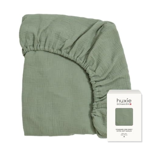 Huxie Crib Sheets – Organic Cotton Muslin Fitted Crib Sheet – Standard Size for Baby Boy and Baby Girl 28" x 52" Ultra-Soft and Breathable. (Roman Green)