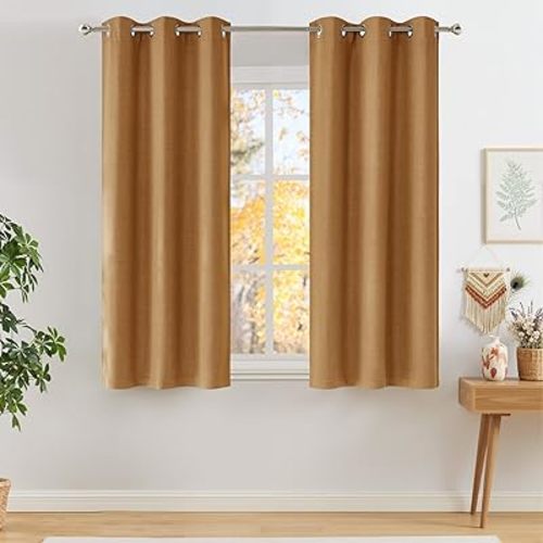 NICETOWN Short Faux Linen Gold Brown Blackout Curtains 63 inches Long