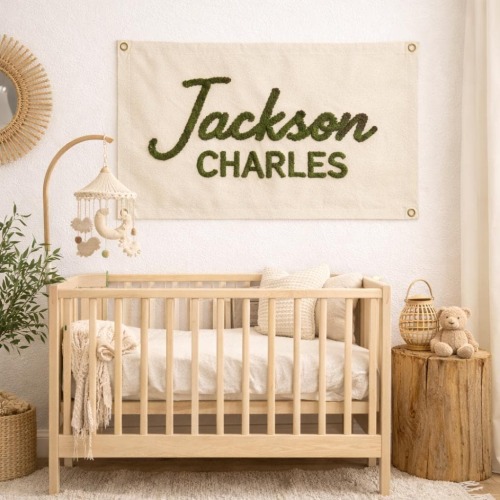 Personalized Embroidered Baby Name Flag:Canvas Pennant Banner, Boho Nursery Wall Decor