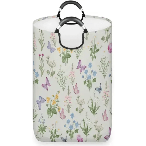 Collapsible Laundry Basket Flower and Herbs Plants,Laundry Hamper with Handle,Waterproof Foldable Dirty Cloth Toy Organizer for Laundry Room Living Room Bedroom Colleage Dorm - Floral Butterfly