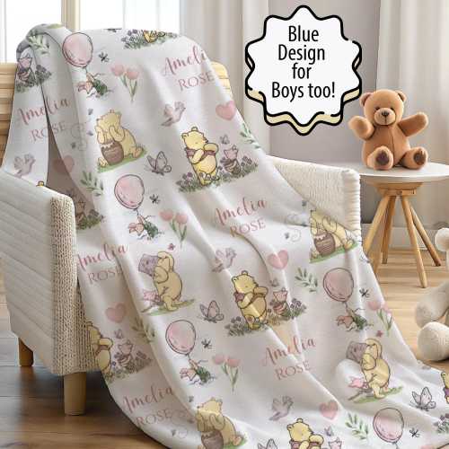 Personalized Winnie the Pooh Baby Name Blanket | Velveteen Plush Throw | Gender Neutral Customized Kids Nursery Decor Shower Gift