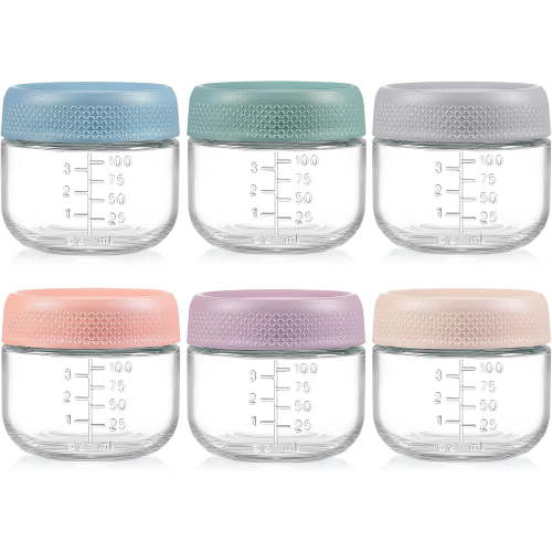 6 Pack 4 oz Glass Baby Food Storage Containers with Airtight Lids Microwave Dishwasher and Freezer Safe Includes 10 Labels