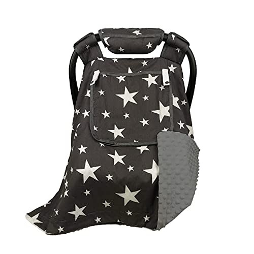 ICOPUCA Baby Car Seat Covers with Window, 4 seasonable Newborn Carseat Canopy Shield-Against Wind/Sun/stangers, 2 Layers Baby Carrier Cover, Cotton(Star) n Grey Minky;
