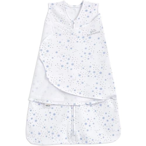HALO 100% Cotton Sleepsack Swaddle, 3-Way Adjustable Wearable Blanket, TOG 1.5, Midnight Moons Blue, Newborn, 0-3 Months