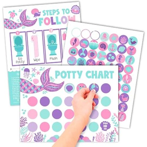 Hadley Designs Potty Training Chart for Toddlers Girls -10 Sticker Potty Chart for Toddlers Girls, 8.5x11" Potty Training Sticker Charts for Toilet Success, Mermaid Toddler Reward Chart for Kids