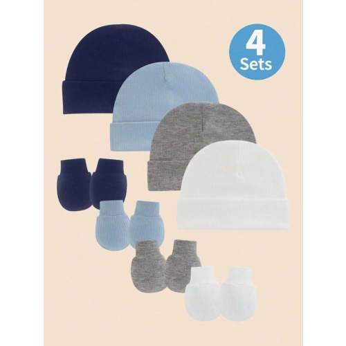 4Sets Blue Newborn Hospital Hat Baby Hat And Anti Scratch Mittens Set For 0-3 Months Newborn Baby Boys Essentials Bonnet Infant Beanie Caps And Gloves Casual Everyday Hat | SHEIN USA