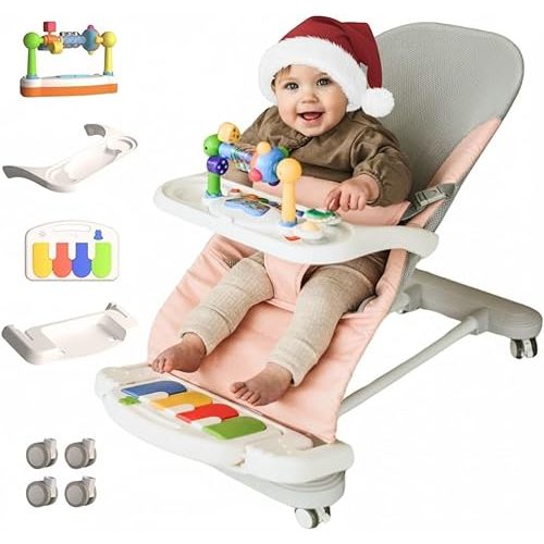 CuddoBaby Baby Bouncer 4-in-1 on Wheels |Detachable Pianos, Feeding Tray| 3-Level Recline Foldable Seat with Play Bar for Infant to Toddler 0-6, 0-12, 12-24 Months, Girl Gift Idea - Pink
