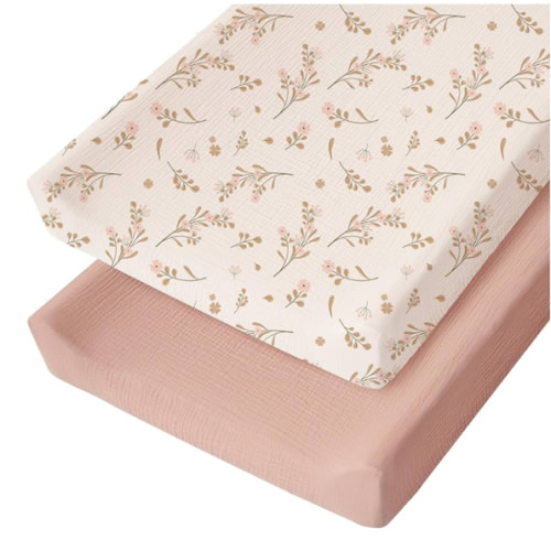 Konssy Muslin Changing Pad Cover for Baby Girls Boys, 100% Cotton Fitted Diaper Chang Table Covers, Soft Breathable Changing Pad Sheets, 2 Pack (Floral,Pink)
