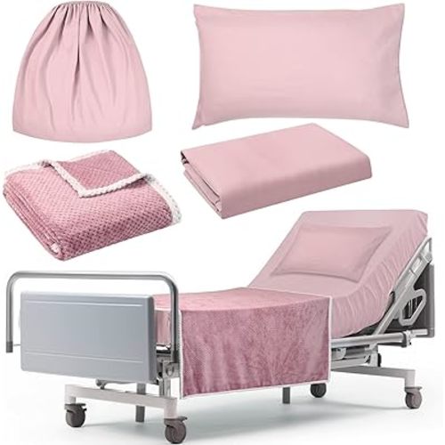4 Pcs Hospital Bed Sheets Set, Soft Knitted Standard Sheets Quality, Include Fitted Sheet, Quilt Cover, Pillow Case and Blanket (Pink)