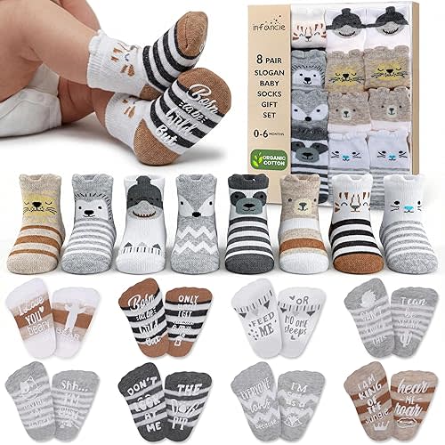 Organic Cotton Baby Socks with Gripper 0-6 | Safe Walking Non-Slip Sole | Stay-In-Place Ribbed Cuffs Unisex (US, Age, 0 Months, 6 Months, Grey & Brown - 8 Pairs)