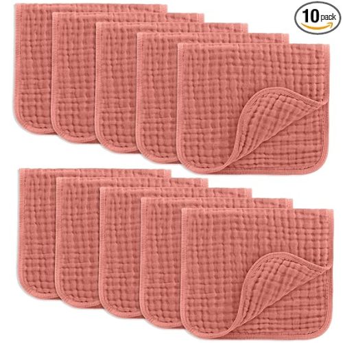 Dusty Rose Comfy Cubs Muslin Burp Cloths 20" x 10", Pack of 10 - Large, 6-Layer, Ultra Absorbent 100% Cotton for Baby Drool and Messes - Soft, Safe & Gentle Baby Burp Cloths for Boys & Girls