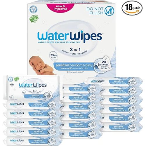 WaterWipes Sensitive+ Newborn & Baby Wipes, 3-In-1 Cleans, Cares, Protects, 99.9% Water, Unscented & Hypoallergenic, 1080 Count (18 Packs)