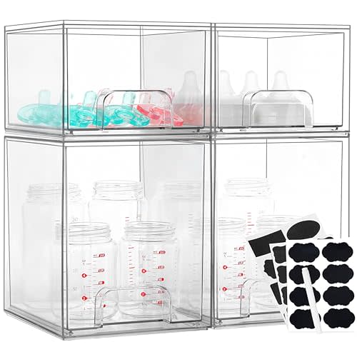 YUBAMIN Baby Bottle Organizer, 4 Pack Bottle Storage Organizer Baby with Labels, Clear Stackable Storage Drawers for Bottles, Nipples, Pump Parts, Bottle Station Organizers for Countertop and Cabinet