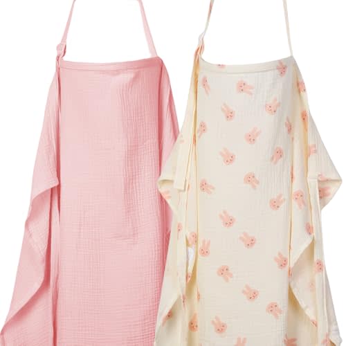 ANYEDDE 2-Pack Nursing Covers for Breastfeeding - Lightweight, Breathable Baby Breastfeeding Covers with Arch Neckline & Adjustable Straps, Pink & Bunny Design, Privacy Nursing Cover for Women