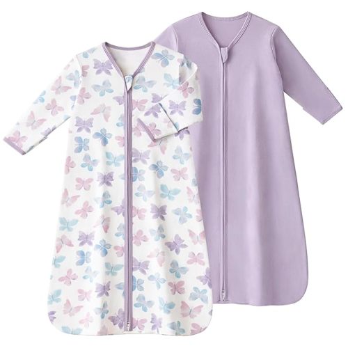 Baby Sleep Sack 6-12 Months, Long Sleeve Baby Wearable Blanket 0.5 Tog with Mittens, 2-Way Zipper Infant Cotton Sleeping Sack for Boy and Girl Purple Butterfly 2 Pack (Medium)