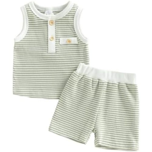 Kupretty Toddler Baby Boy Clothes 12 18 24 Month 2T 3T Summer Outfit Stripe Waffle Knit Sleeveless Vests Shirts Shorts Set