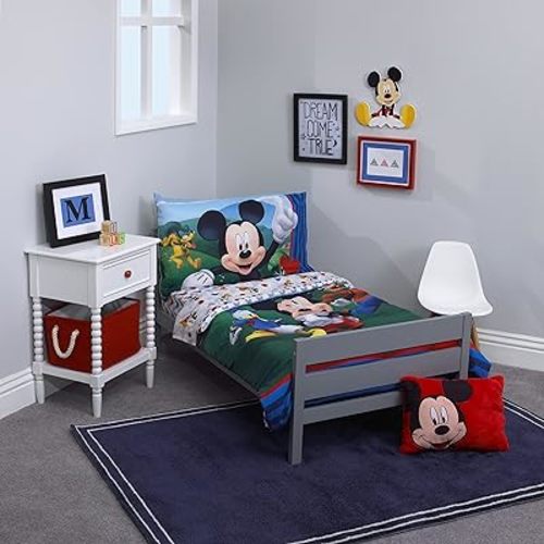 Disney Mickey's Big Adventure Blue, Red, Yellow & Green 4Piece Toddler Bed Set - Comforter, Fitted Bottom Sheet, Flat Top Sheet, Reversible Pillowcase, Blue, Red, Yellow, Green