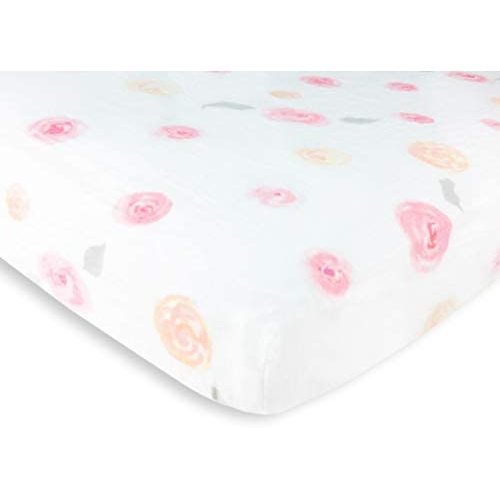 Amazing Baby Cotton Muslin Fitted Crib Sheet, Watercolor Roses, Pink