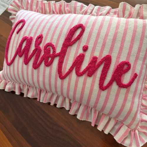 Personalized Striped Ruffled Pillow Cover, Custom Name Embroidery Cushion