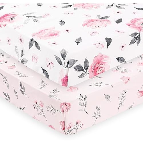 PHF Soft Crib Sheet Fitted, 2 Pack Baby Sheets for Girls, 28x52x9in Fits Standard Crib and Toddler Mattresses, Silky Comfy Breathable Polyester Baby Mattress Sheets, Pink Floral