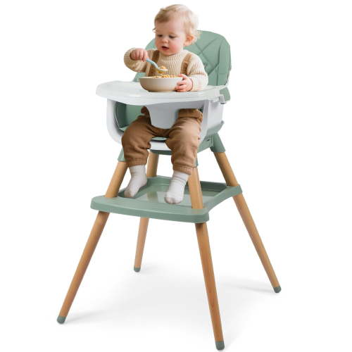 LINLUX Wood Baby High Chair, 7 in 1 Convertible Highchair, Infant Feeding Chair, Toddler Chair Green