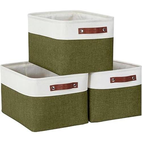 DECOMOMO Fabric Storage Bins - Storage Baskets for Shelves, Linen Closet Organization (Olive Green & White, Large - 3 Pack)