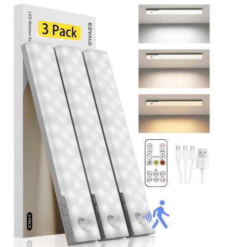EZVALO Rechargeable Under Cabinet Lights with Motion Sensor, Remote, 2000mAh Long Lasting, Magnetic, 3 Color Modes, 3 Pack for Kitchen, Closet, Stairs