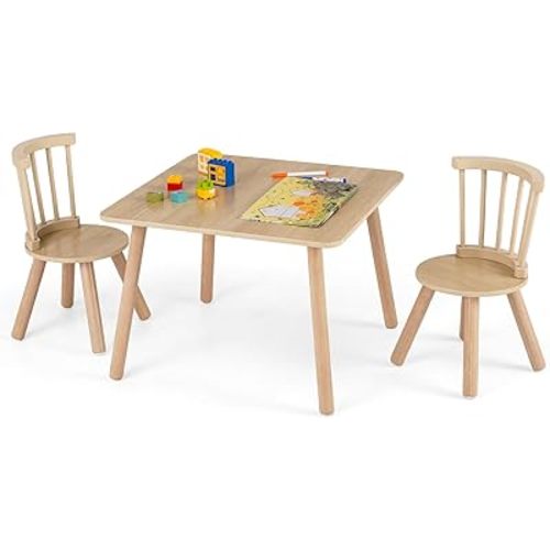 HONEY JOY Kids Table and Chairs, Children Sturdy Wooden Activity Set for Art, Drawing, Reading, Windsor Dining Chairs w/Spindle Back, Toddler Table and Chair Set for Playroom, Daycare (Natural)