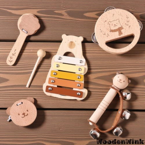 Crafted Wooden Bear Musical Instrument Set, Montessori Baby Toys