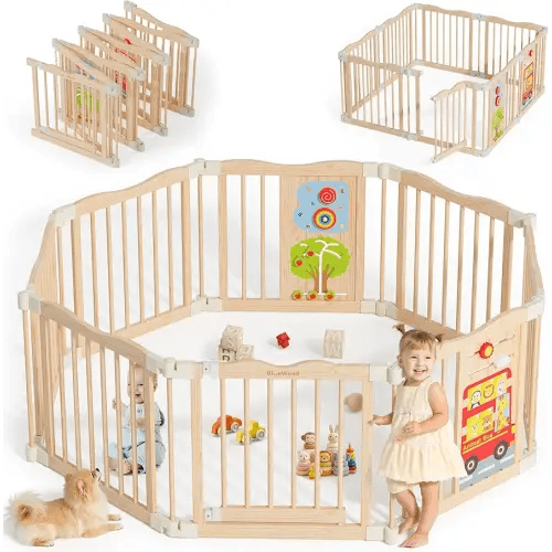 Foldable Wooden Playpen - Adjustable Wood Baby Play Yard with Child-Proof Lock, Indoor Large Safety Fence for Babies and Toddlers - Easy Assembly, 8 Panels, Animal Bus