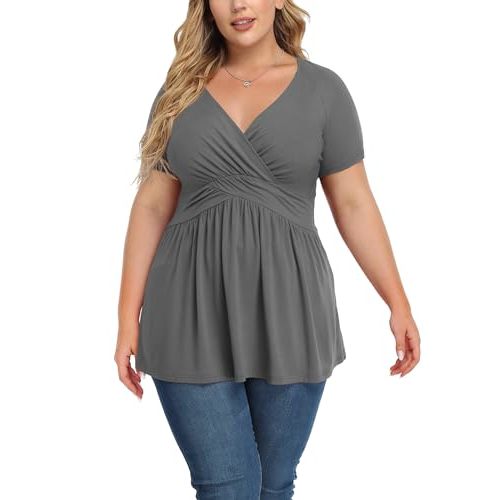 TIANZHU Women's Plus Size Dressy Tops Wrap Shirt Short Sleeve Tunic Top V Neck Low Cut Cute Blouse