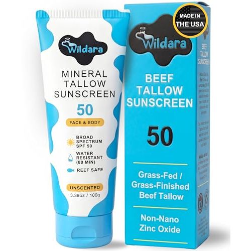 Beef Tallow Sunscreen SPF 50 – Mineral Sunscreen for Face & Body, Unscented, Reef Safe Sunscreen Lotion, Water Resistant, Zinc Oxide, Made in USA
