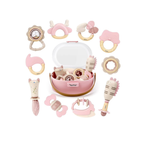Baby Toys 0-6 Months, Baby Rattles, Teething Toys 3-6 Months, Infant Toys 6-12 Months, 10PCS Pink Sensory Rattles & Teethers with Storage Box, Newborn Shower Gift Girl