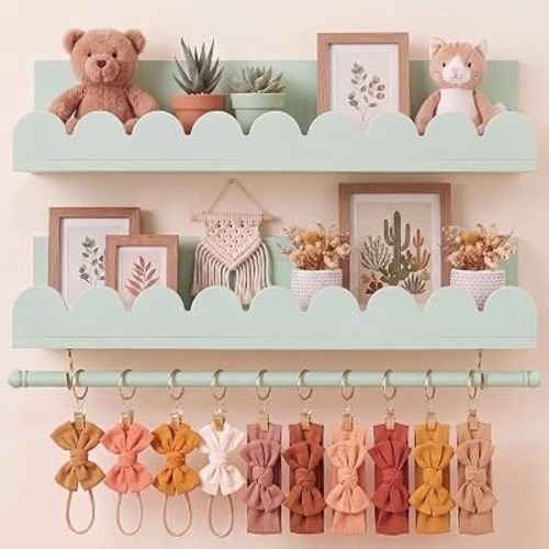 Qunclay Nursery Floating Shelves with Rod, Sage Green, 15.7 Inch, 2-Tier