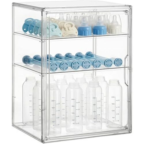 HBlife Baby Bottle Storage Organizer for Countertop Cabinet, 3 Tiers Adjustable Clear Acrylic Bottles Storage Station Case Box Container with 2 Removable Dividers and Magnetic Door, Large