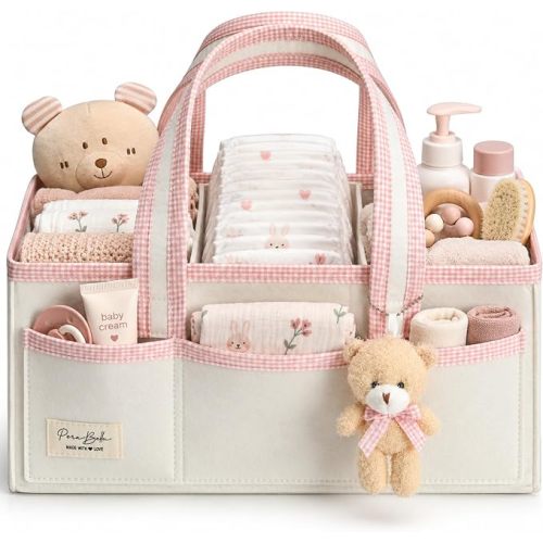 Baby Diaper Caddy Organizer, XL Baby Basket Shower Gift Caddy, Portable Felt Changing Table Basket, Nursery Storage Bin, Newborn Boy and Girl Essentials for Registry, Car Diaper Organizer
